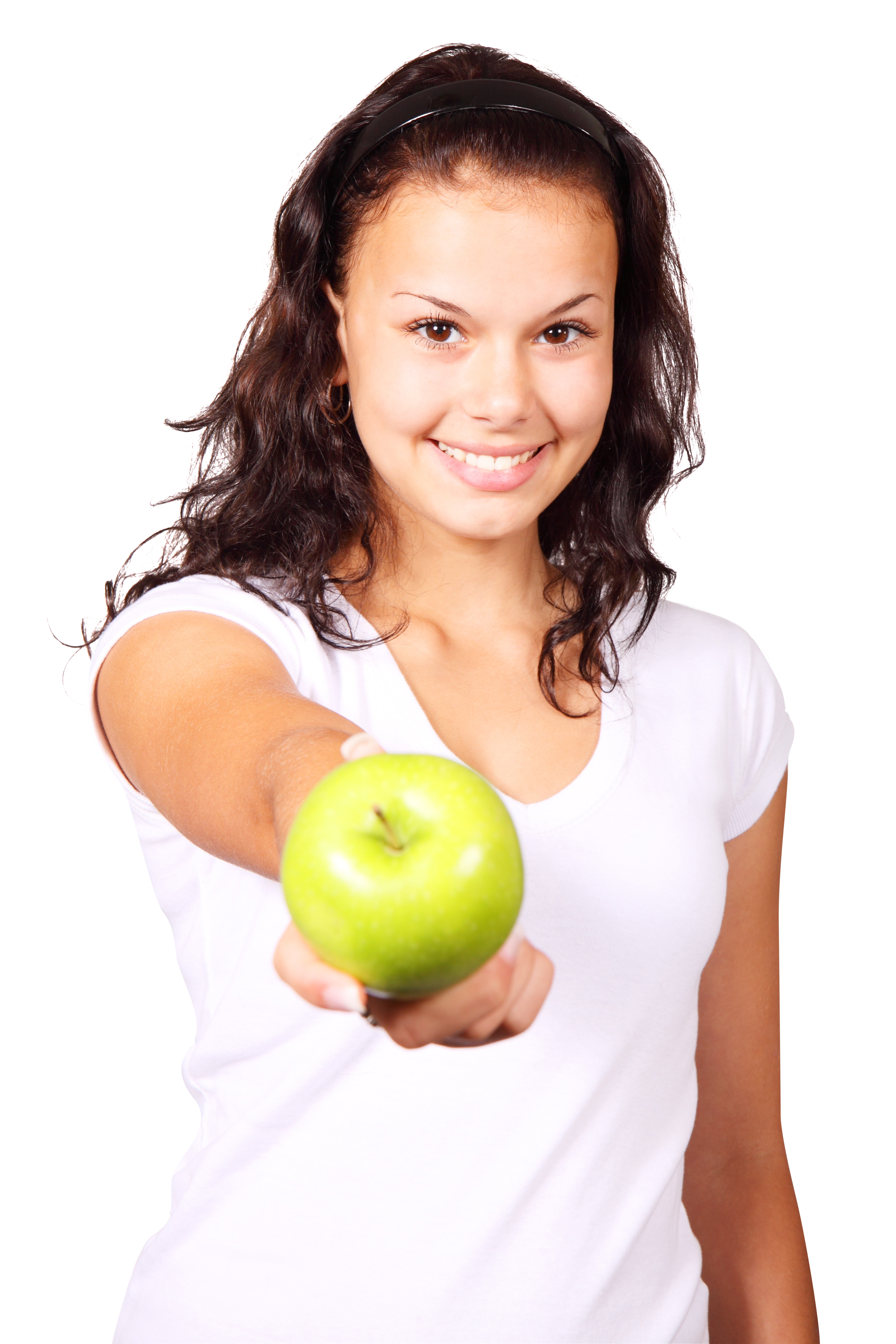 a girl hold apple in her hand