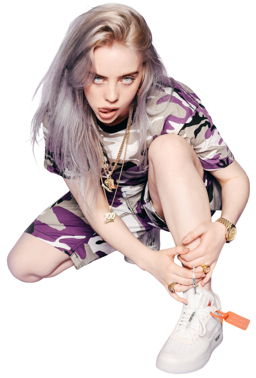 Billie Eilish Crouching in Purple Camo Outfit PNG Image