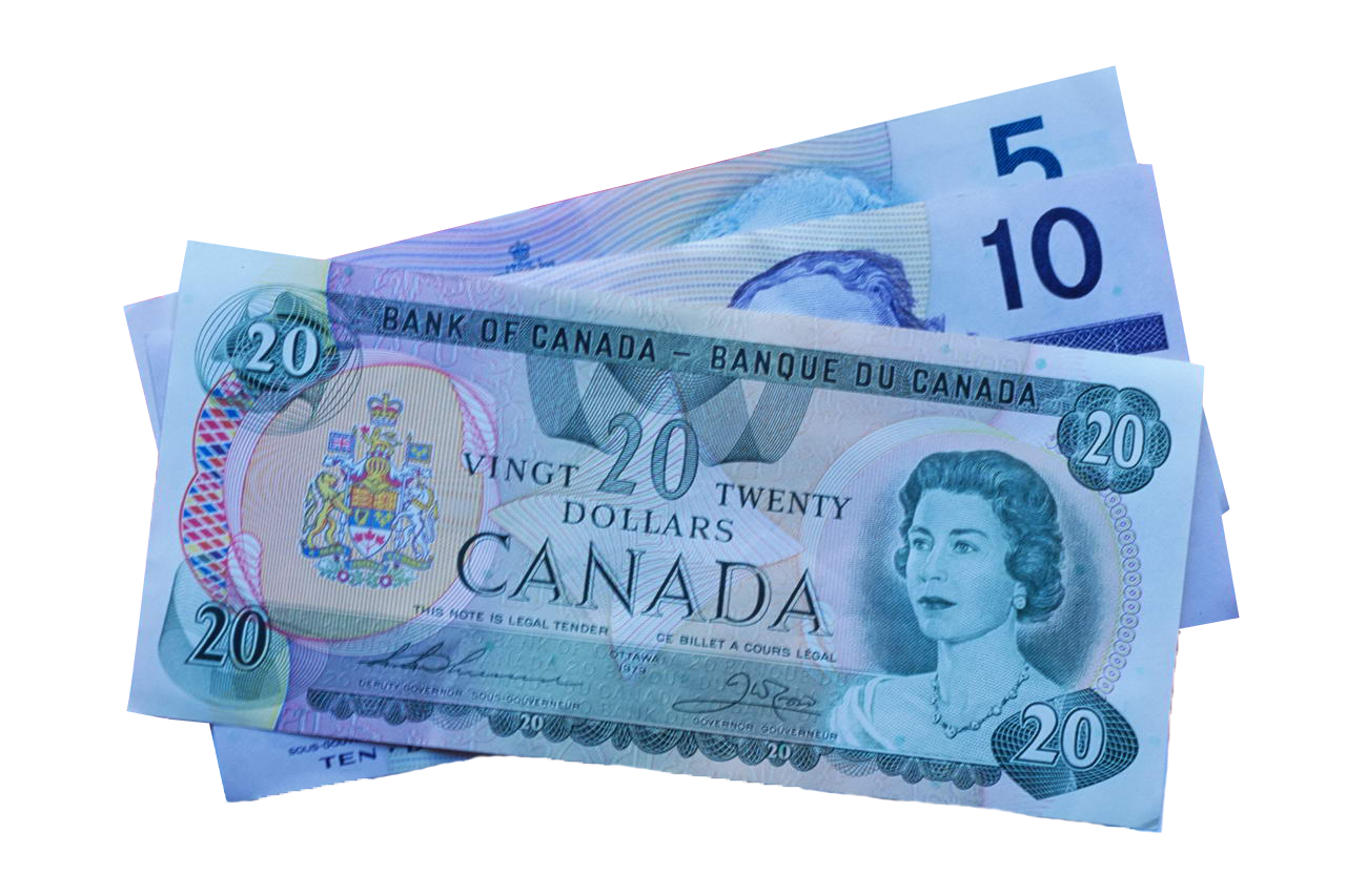 5, 10, and 20 Canadian Dollar Notes PNG Image