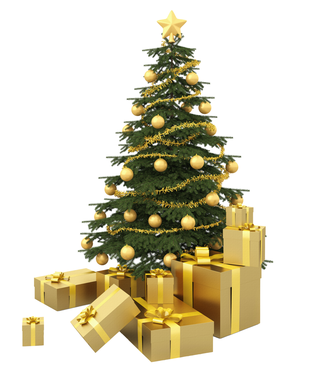 Christmas Tree with Golden Presents PNG Image