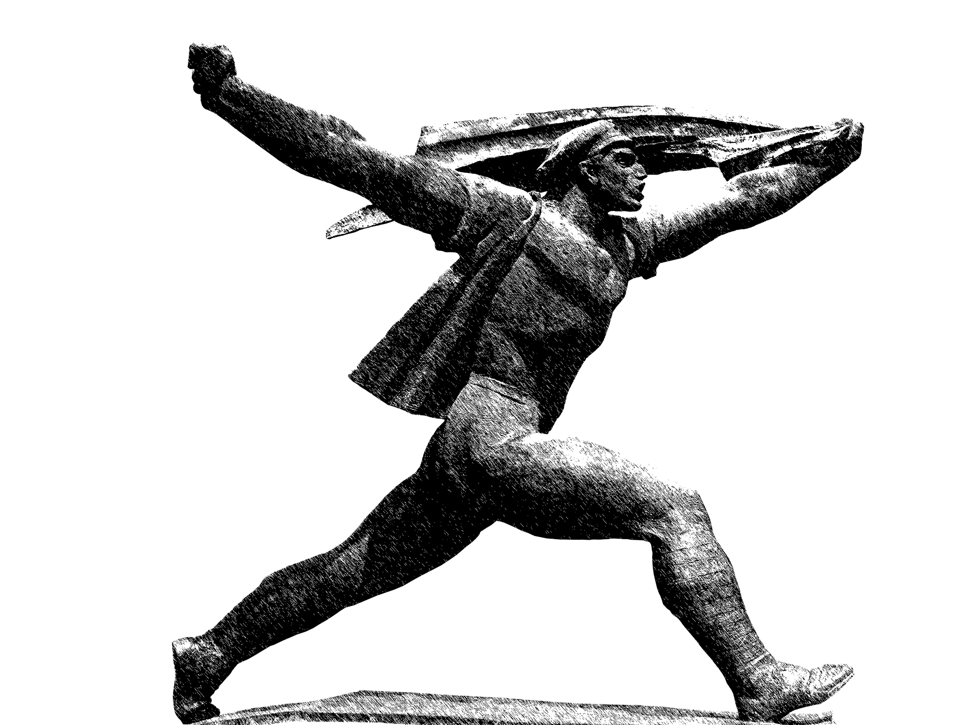 statue of running man holding banner