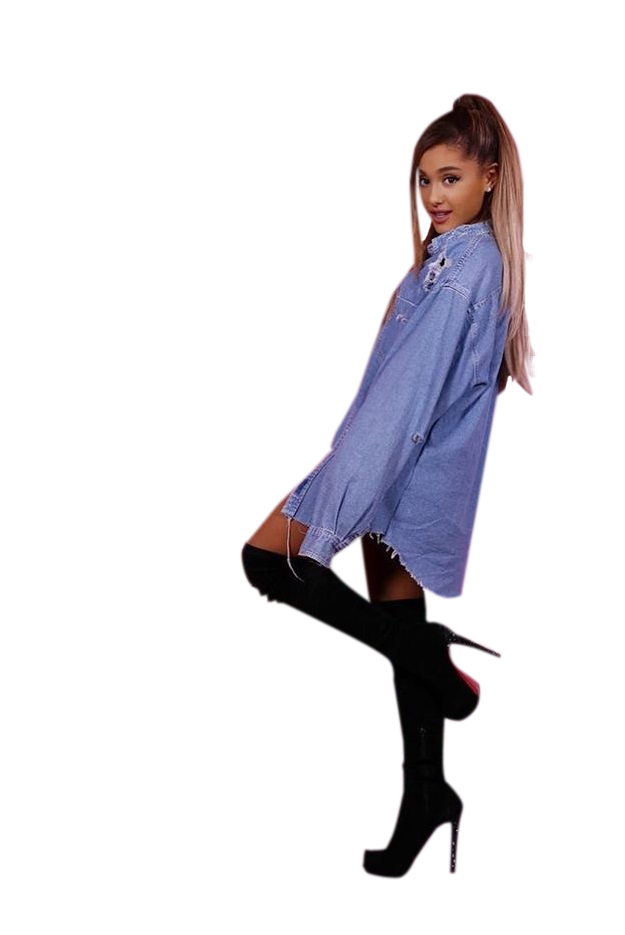 Ariana Grande in blue pullover and black stockings PNG Image