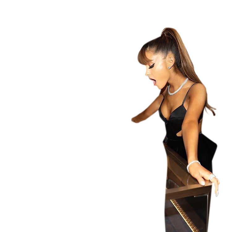 Ariana Grande in hot black bikini leaning on table PNG Image
