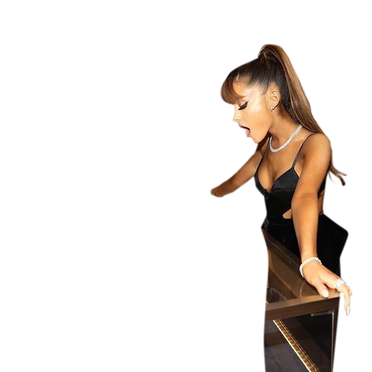 Ariana Grande in hot black bikini leaning on table