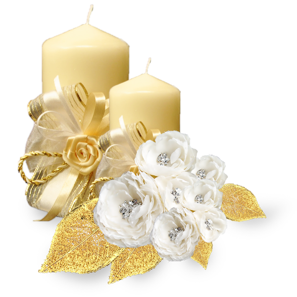 Golden Candle with White Roses PNG Image