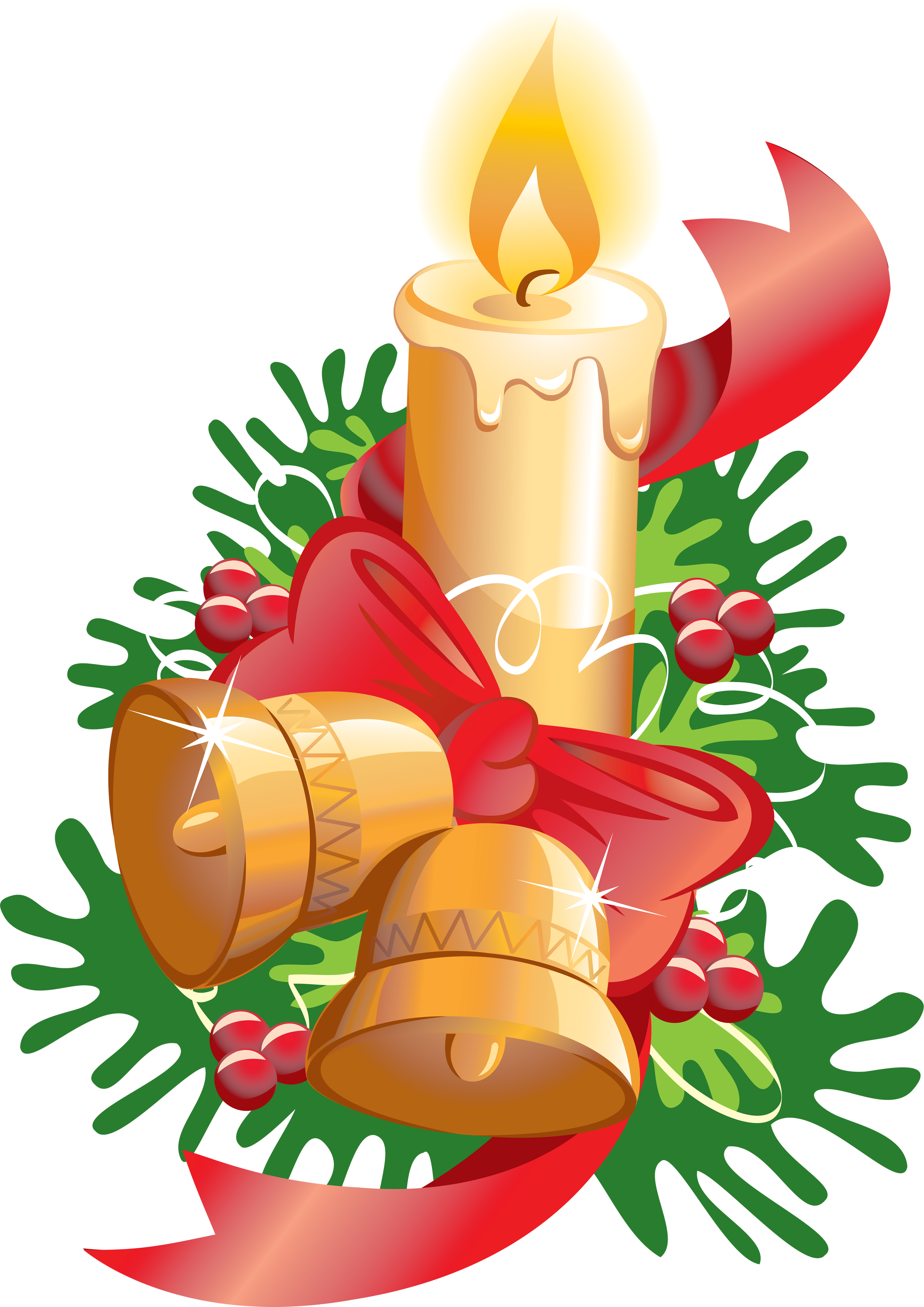 Christmas Candle with Bells and Ribbon PNG Image