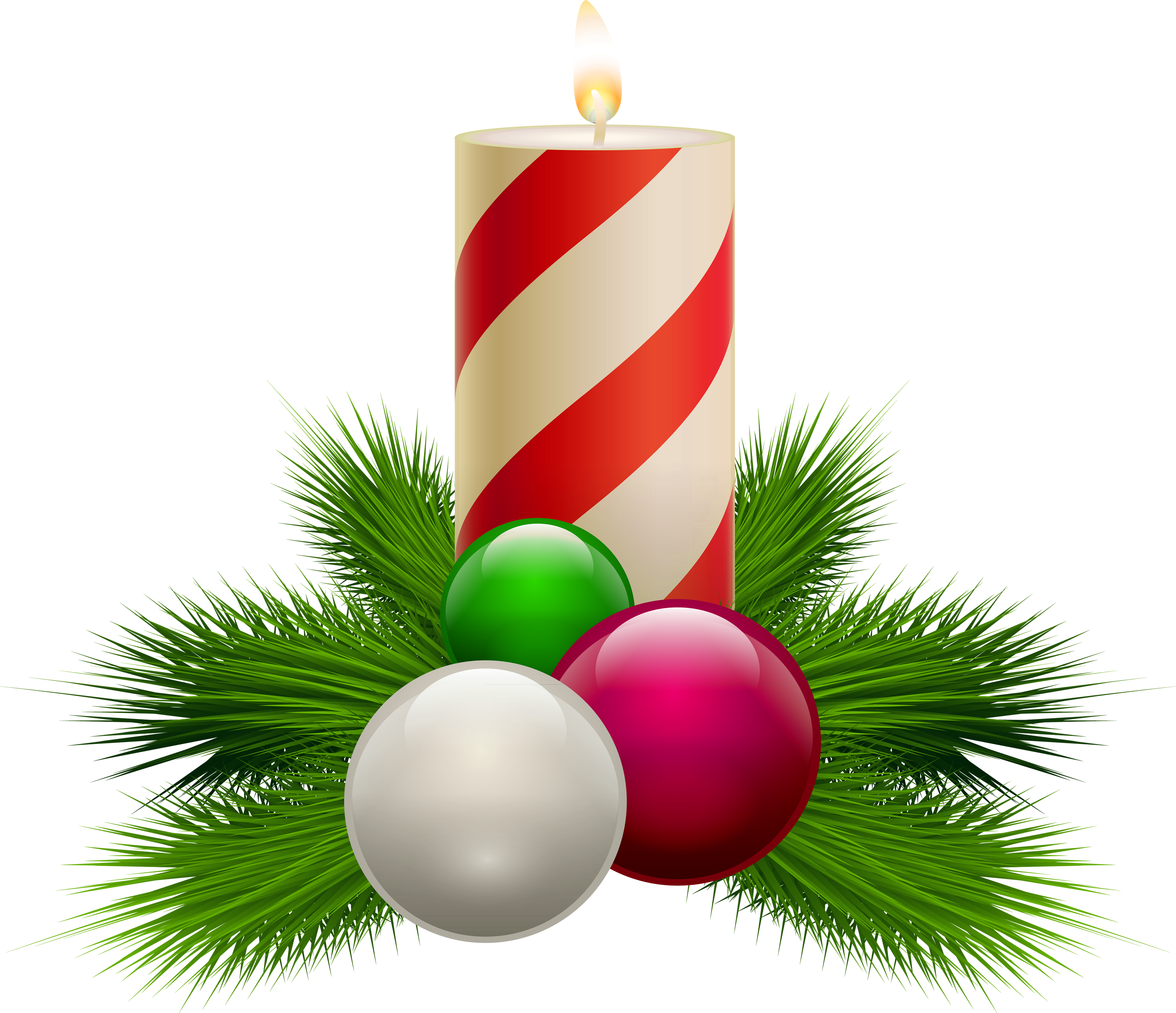Striped Christmas Candle with Baubles PNG Image