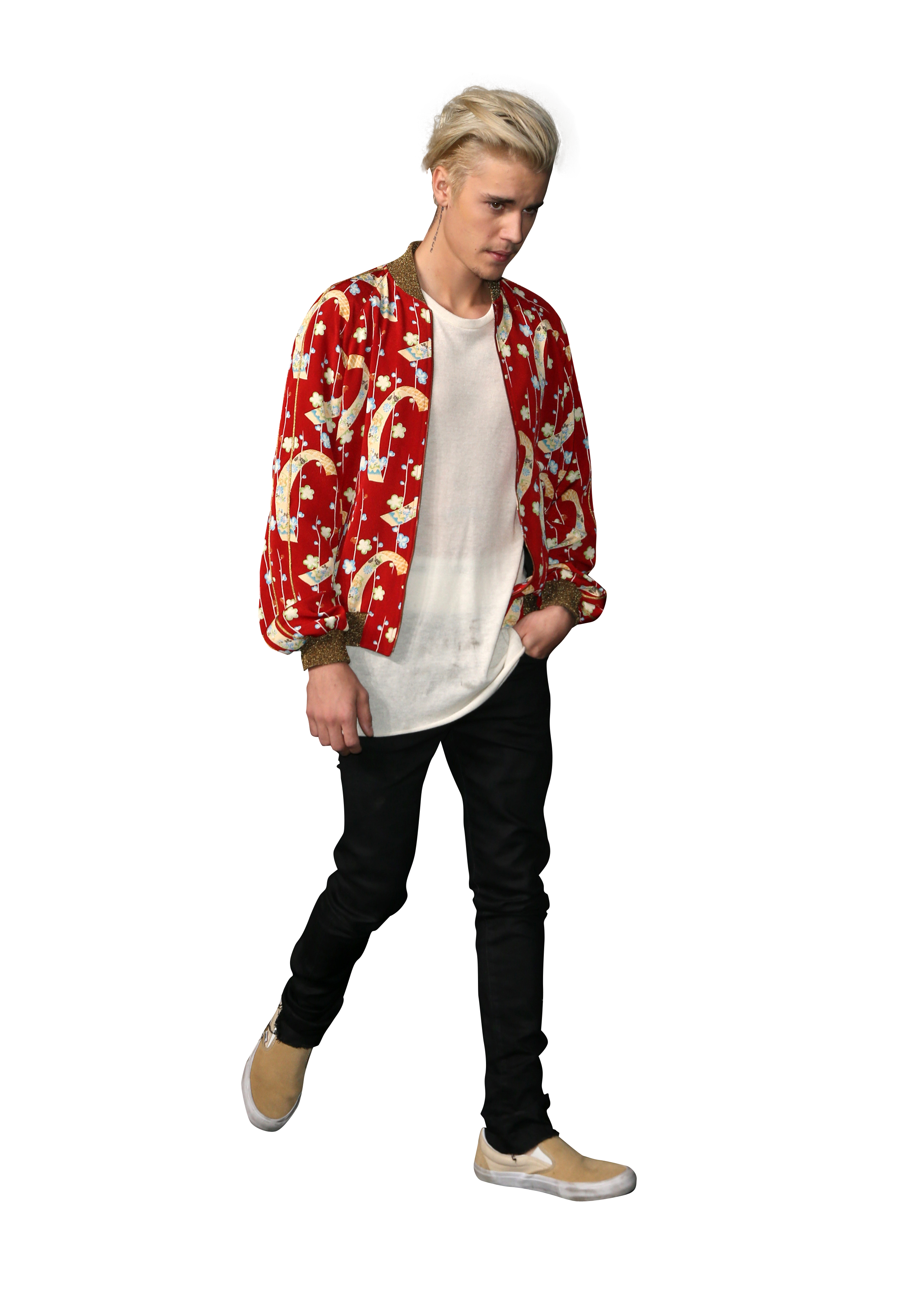 Justin Bieber dressed in a Red Shirt