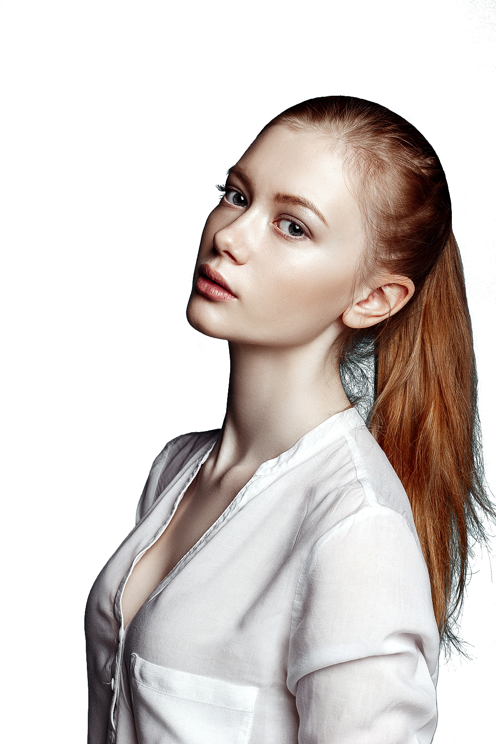 Young beautiful red hair woman wearing a transparent white 