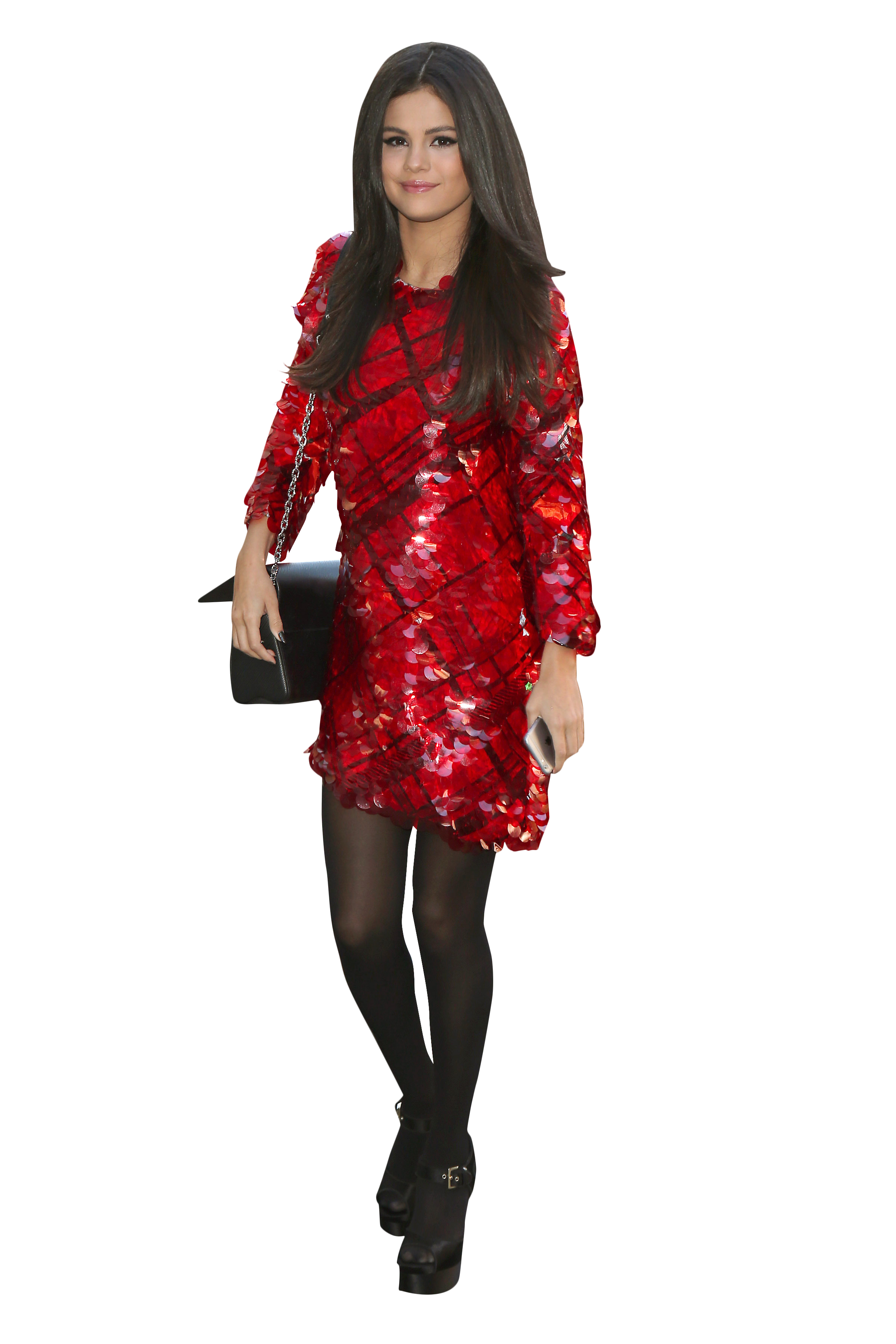 Selena Gomez in Red Dress and Black Pantyhose PNG Image