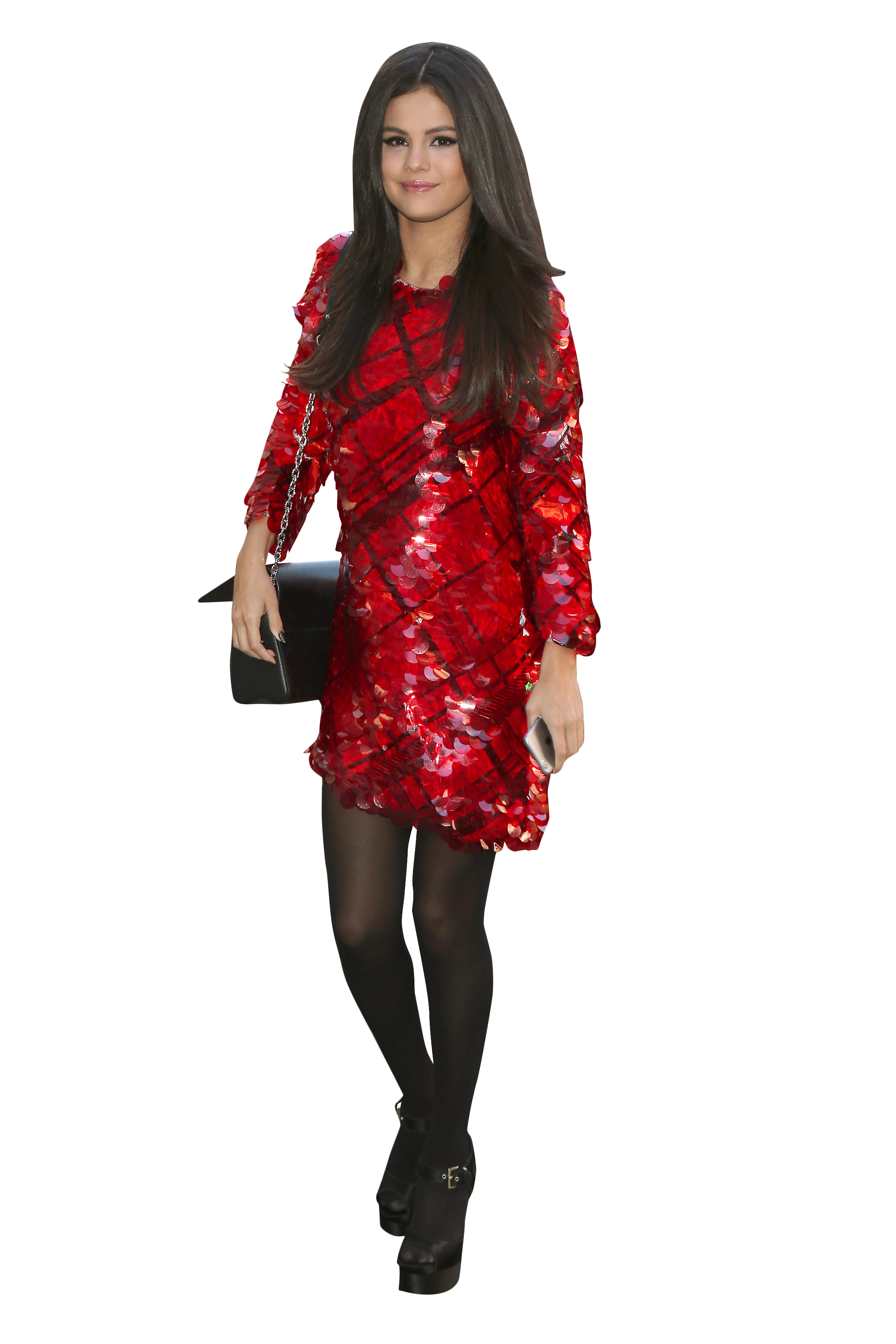 Selena Gomez in Red Dress and Black Pantyhose