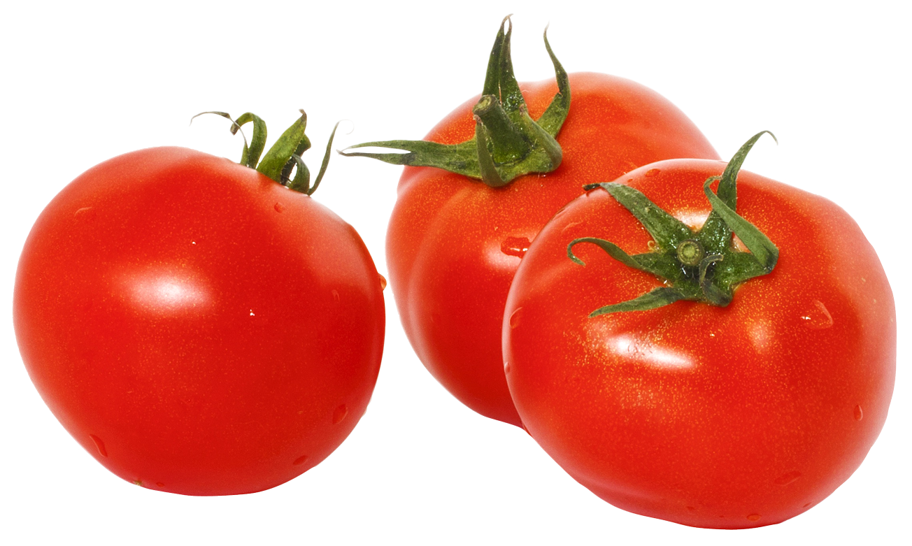 Three Tomatoes with Green Leaves PNG Image
