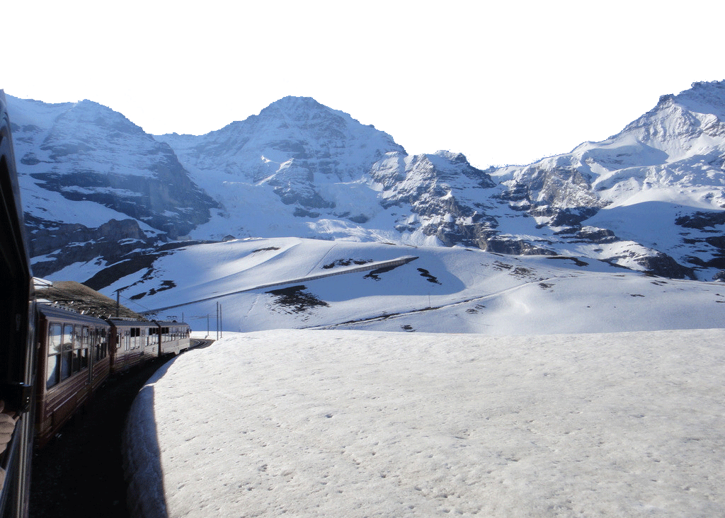 train ride along the snowy swiss alps