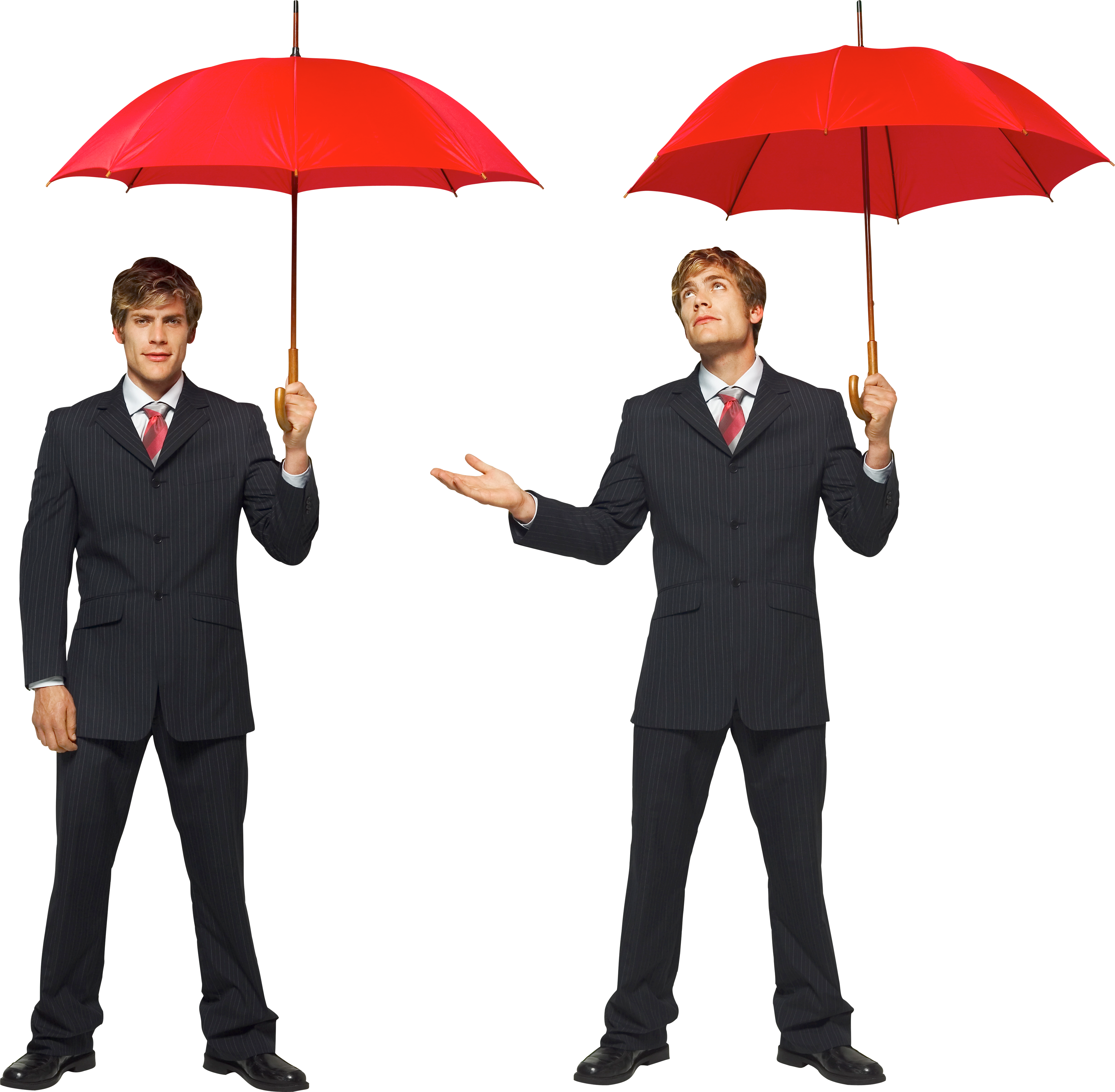 Two Male Twins Businessman Under Red Umbrellas