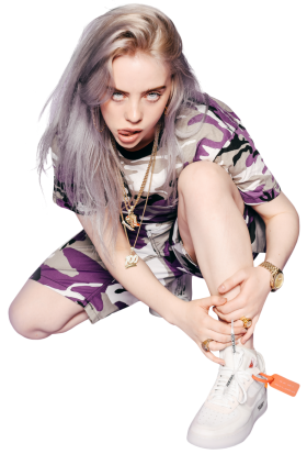 Billie Eilish Crouching in Purple Camo Outfit PNG