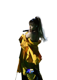 Ariana Grande in yellow dress on stage PNG