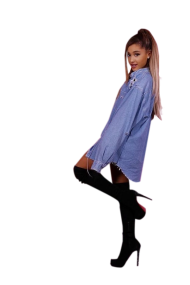 Ariana Grande in blue pullover and black stockings