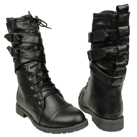 Women’s Mid Calf Cross Strap Buckle Combat Boots