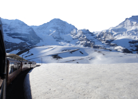 Train ride along the Snowy Swiss Alps